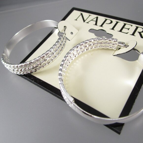 NAPIER Rocker Chic Silver Textured & Smooth 1.45" Hoop Earrings**NEW! - Picture 2 of 2